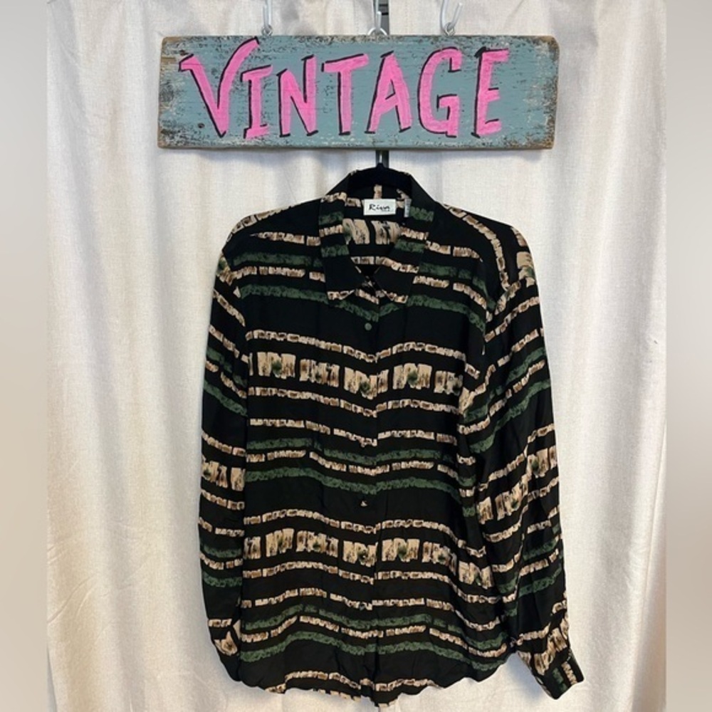 5/$75 Vintage 1990s 100% Silk Black Cream Green Long Sleeve Button-Up Blouse
